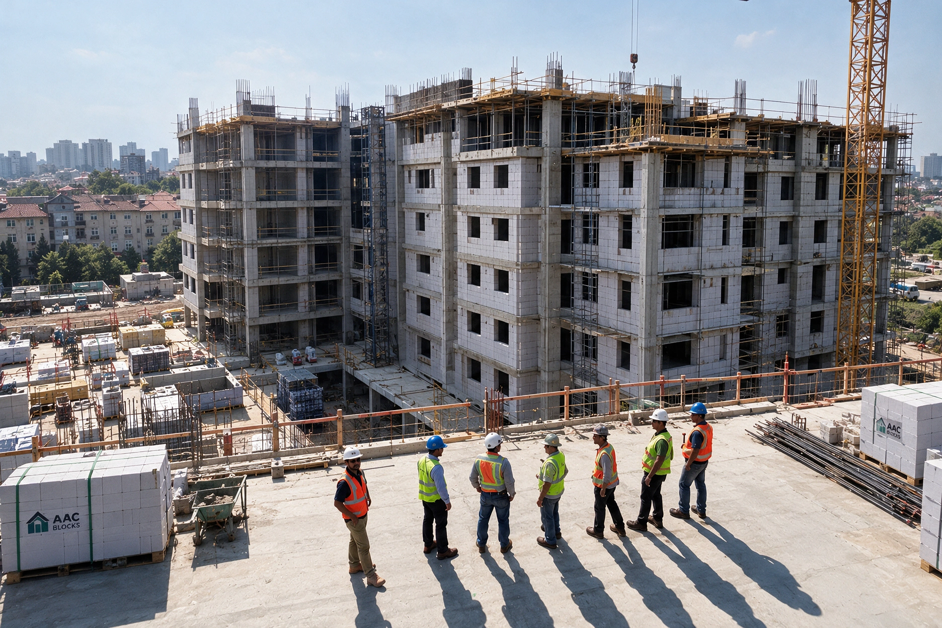 Construction team reviewing work across a large concrete structure