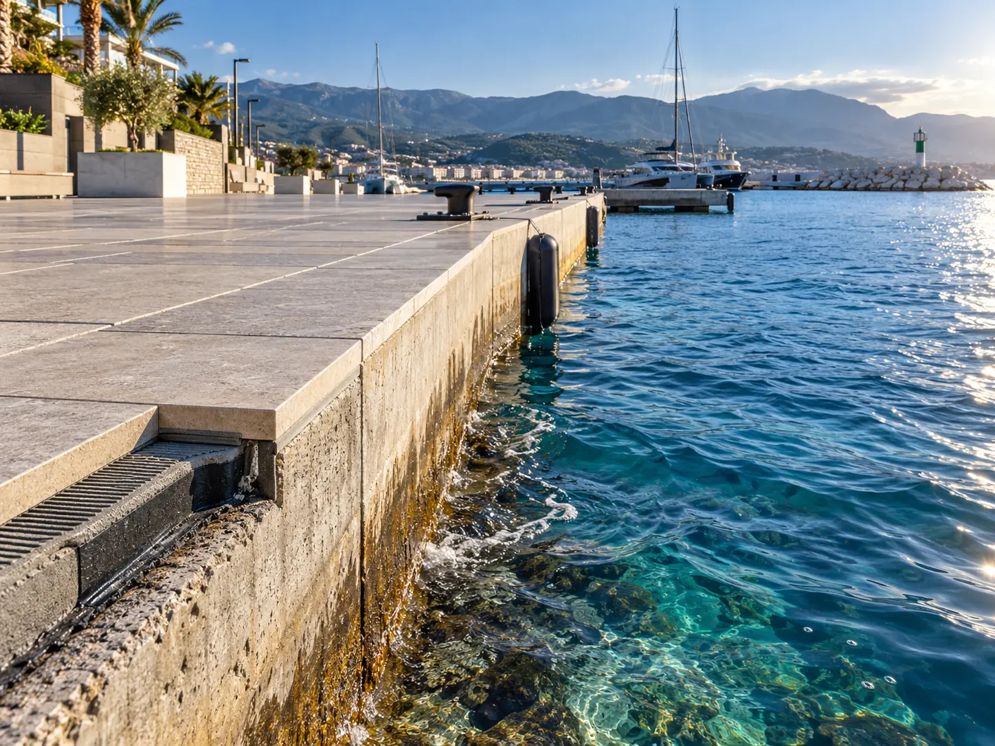 Clean tiled swimming pool with crystal-clear blue water