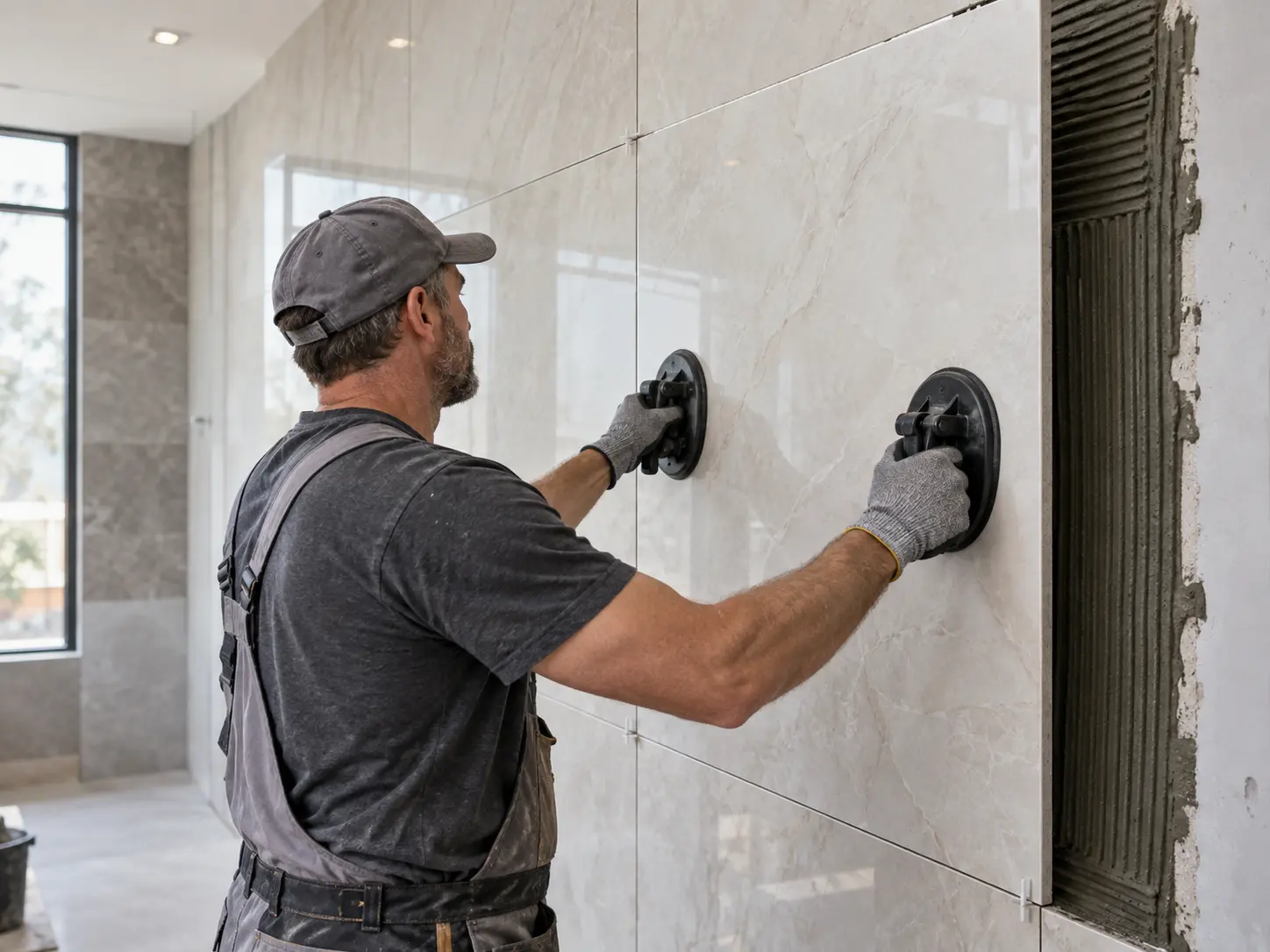 Large-format floor tiles being installed